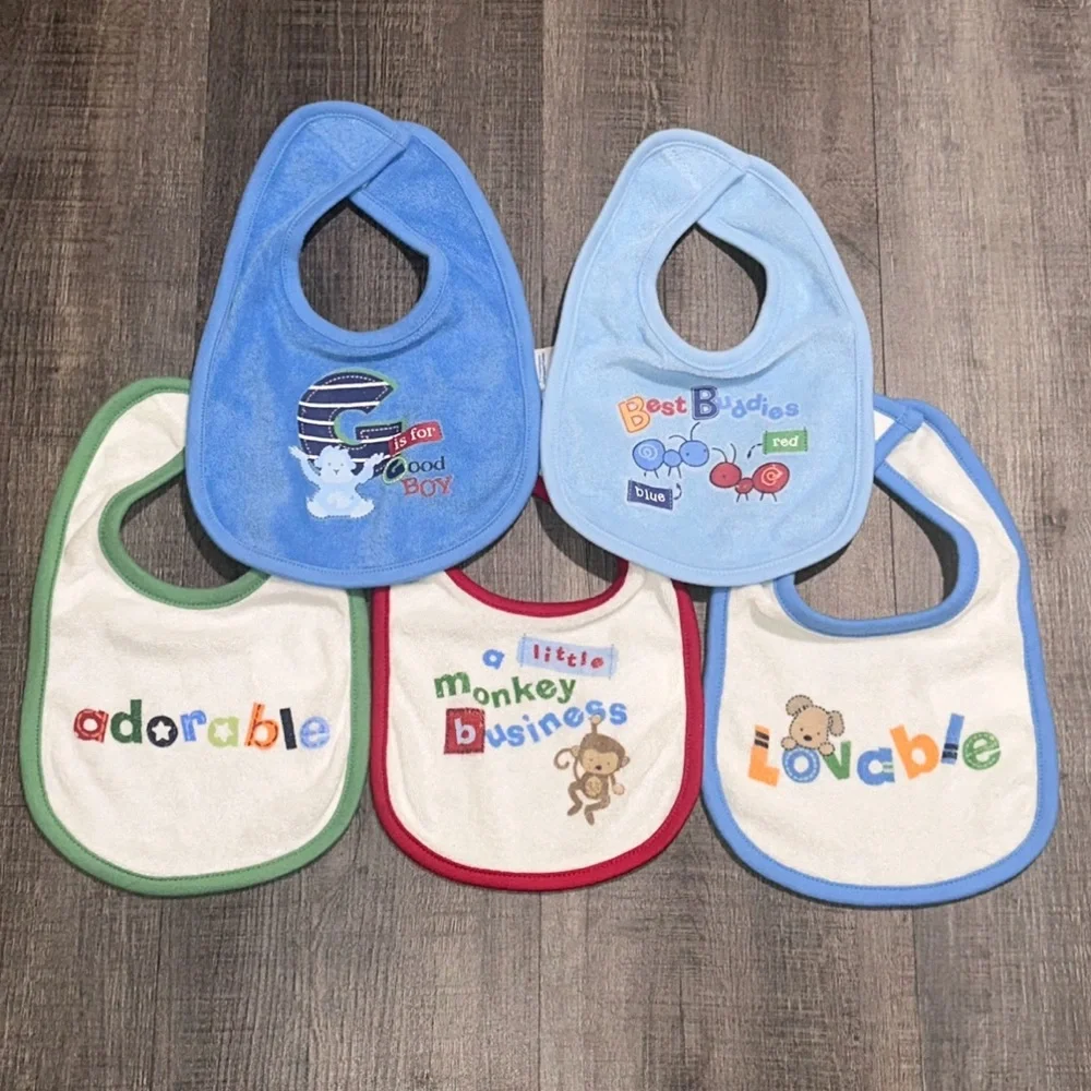 New Set of 5 Infant & Baby Boy Reversible Terry Cloth Baby Bibs